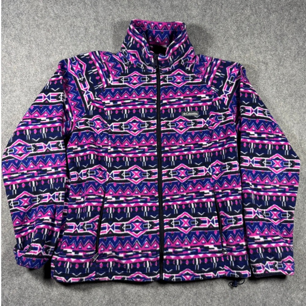 Columbia Womens XXL Full Zip Fleece Jacket Pink Blue Aztec Geometric Hiking
